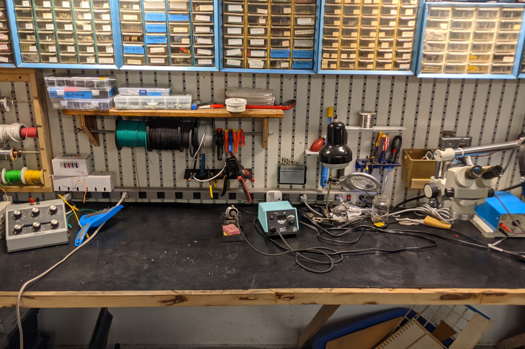 View of the soldering workstation in the electronics lab